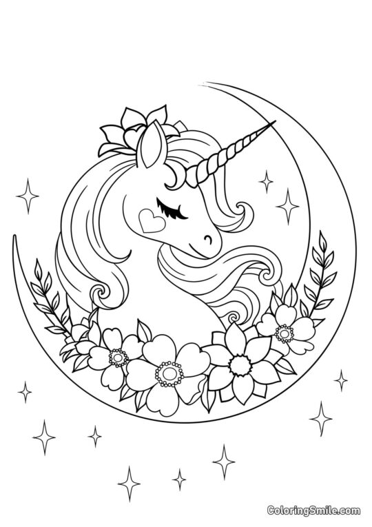 Licorne et lune croissante - Page de Coloriage