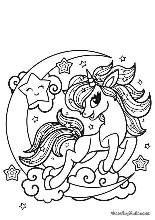 Licorne lumineuse sur la lune - Page de Coloriage