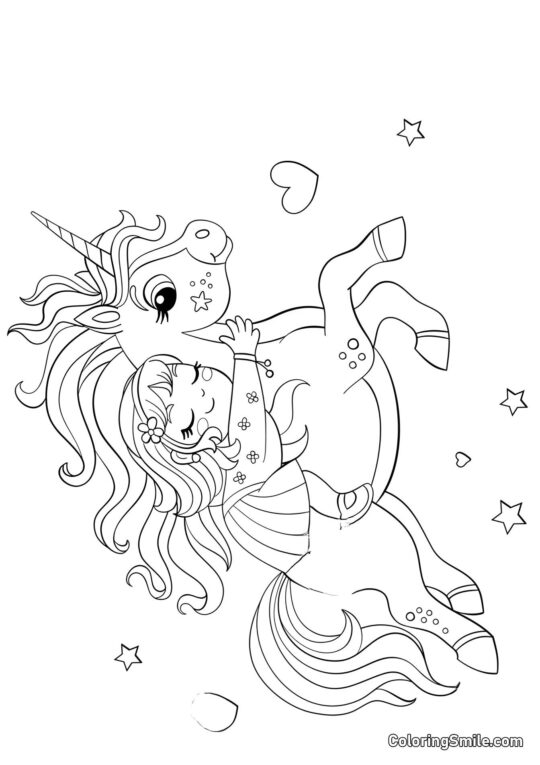 Fille et sa licorne - Page de Coloriage