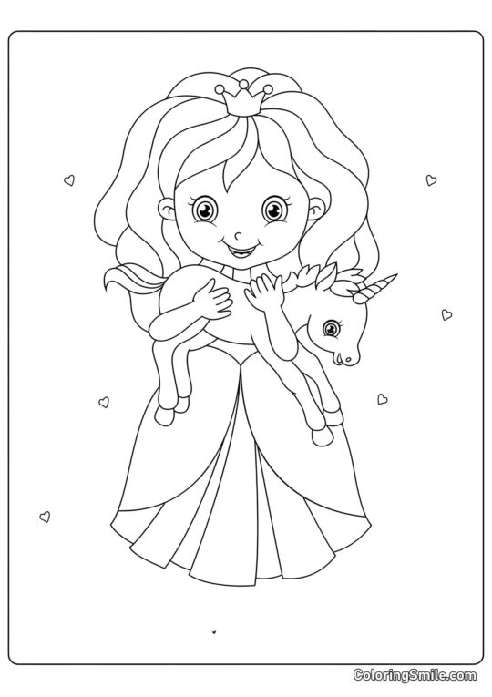 Princesse et petite licorne - Page de Coloriage