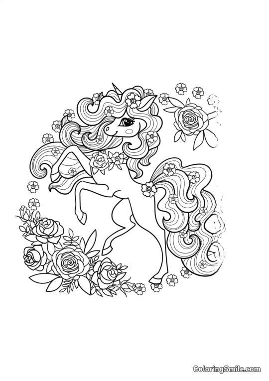 Licorne avec des roses - Page de Coloriage