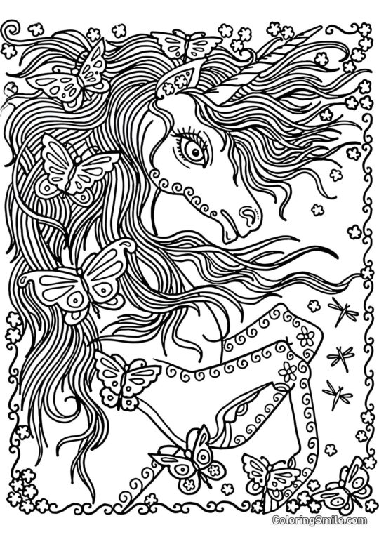 Licorne anti-stress avec des papillons - Page de Coloriage