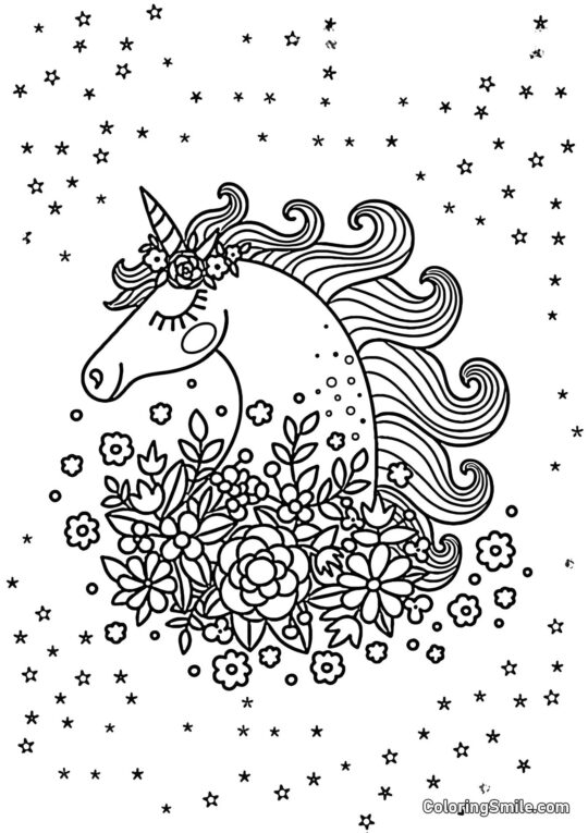Tête de licorne en couleurs et étoiles - Page de Coloriage