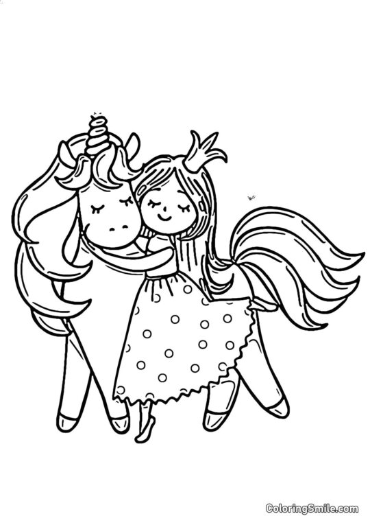 Princesse étreignant une licorne - Page de Coloriage