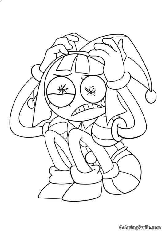 Pomni Assise sur des Cartes - Page de Coloriage