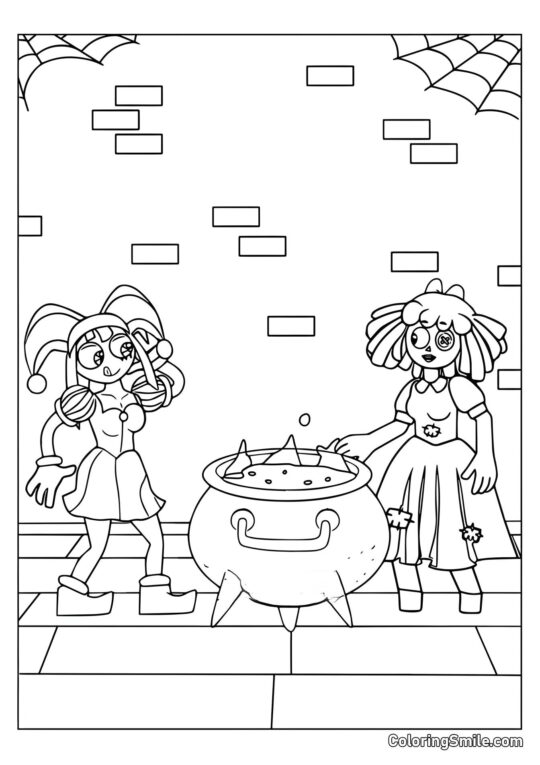 Pomni et Ragata près du Chat - Page de Coloriage