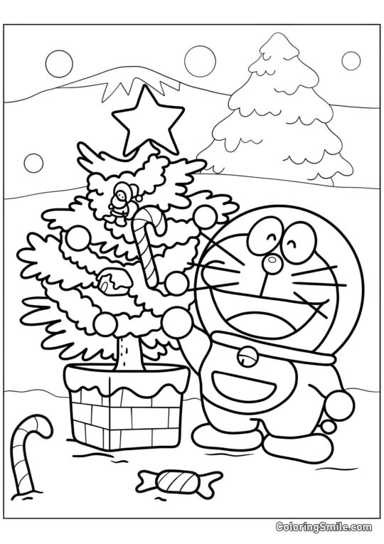 Doraemon avec un sapin de Noël Doraemon avec un sapin de Noël - Page de Coloriage