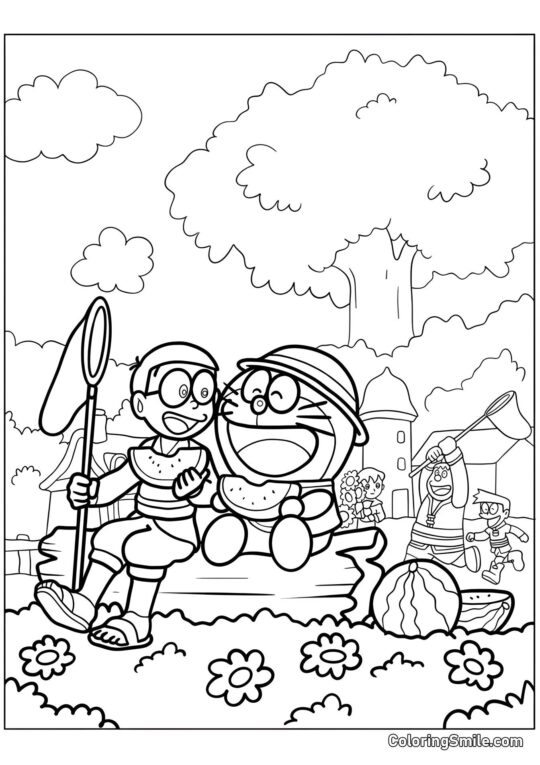 Doraemon et Nobita mangeant de la pastèque Doraemon et Nobita mangeant de la pastèque - Page de Coloriage