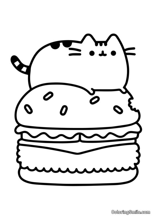Pusheen le chat sur cheeseburger Pusheen le chat sur cheeseburger - Page de Coloriage