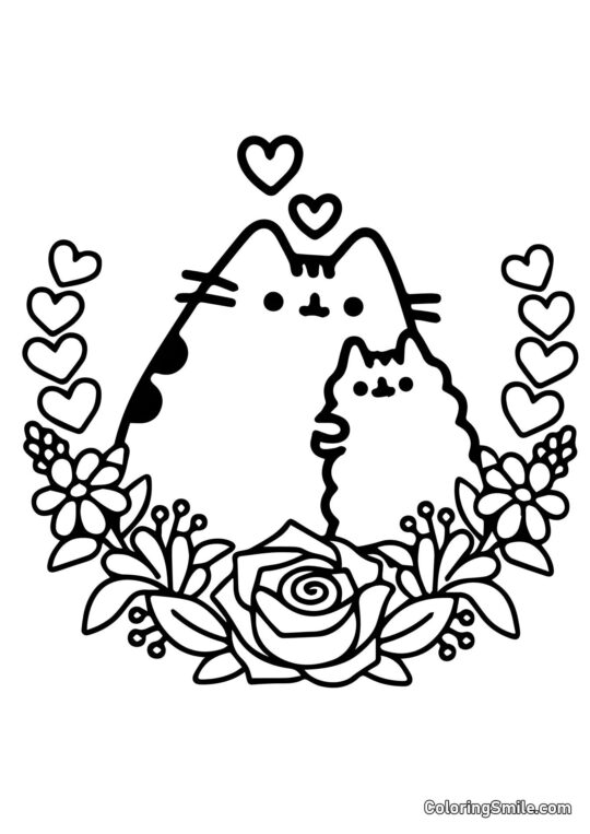 Pusheen le chat et couronne de roses Pusheen le chat et couronne de roses - Page de Coloriage