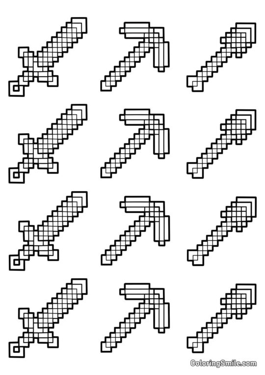 Épée, pioche et pelle de Minecraft - Page de Coloriage