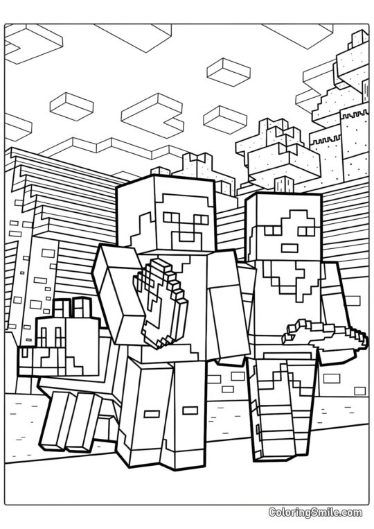 Steve, Alex et le loup dans le monde de Minecraft - Page de Coloriage