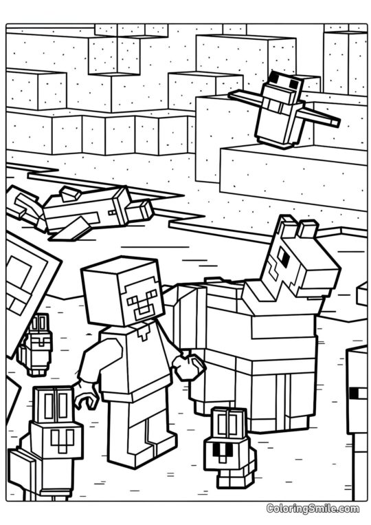 Steve avec un lama et des lapins - Page de Coloriage