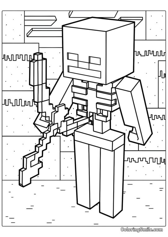 Squelette avec un arc dans le monde de Minecraft - Page de Coloriage