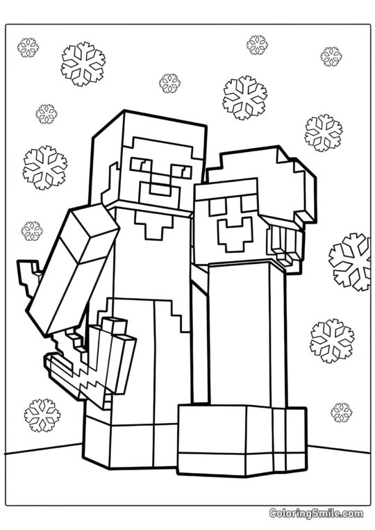Steve avec un Creeper pour le Nouvel An - Page de Coloriage