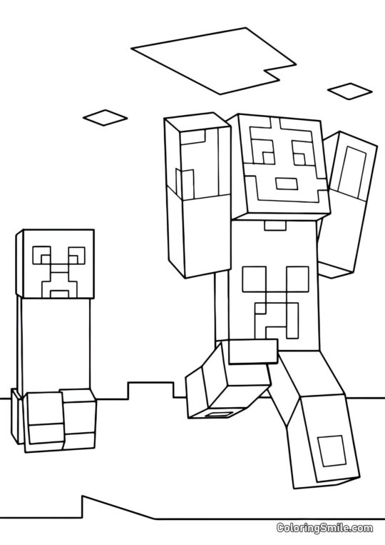 Steve fuyant un Creeper - Page de Coloriage