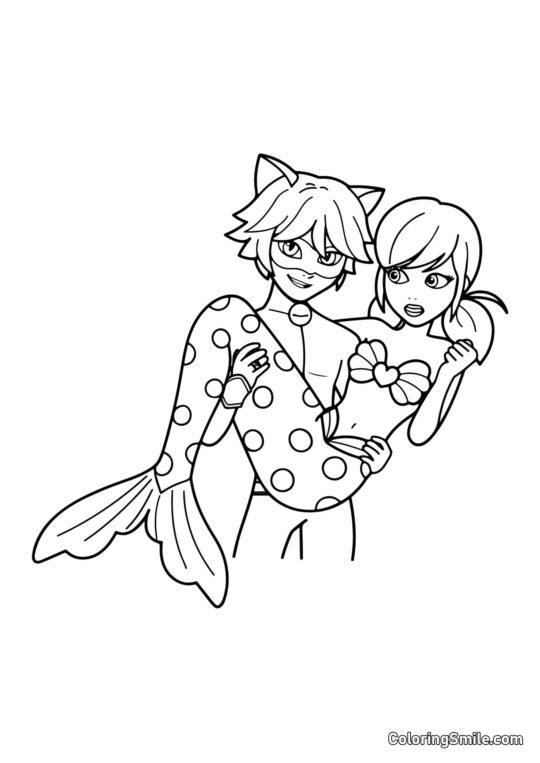Coccinelle Sirène dans les bras de Chat Noir - Page de Coloriage