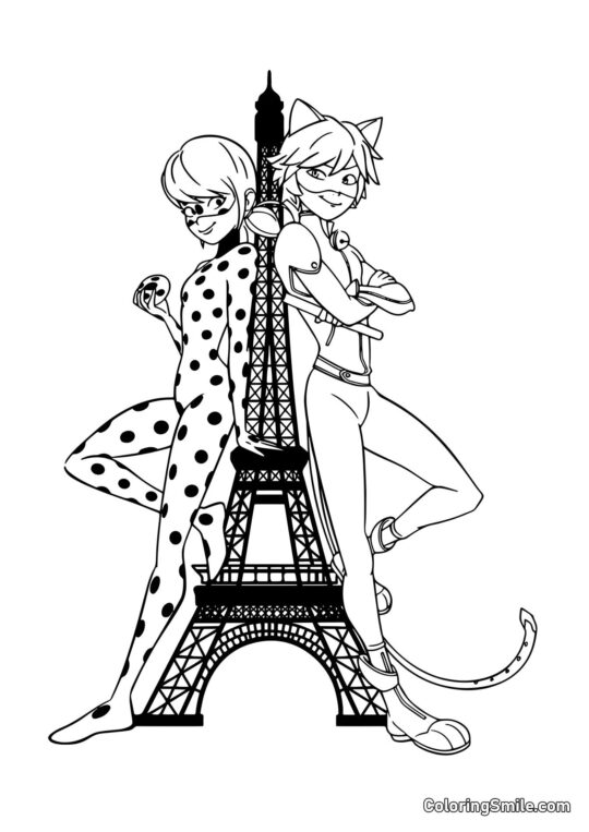 Coccinelle et Chat Noir à la Tour Eiffel - Page de Coloriage