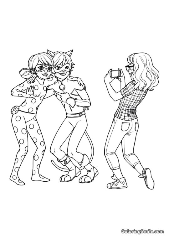 Alya photographiant Coccinelle et Chat Noir - Page de Coloriage
