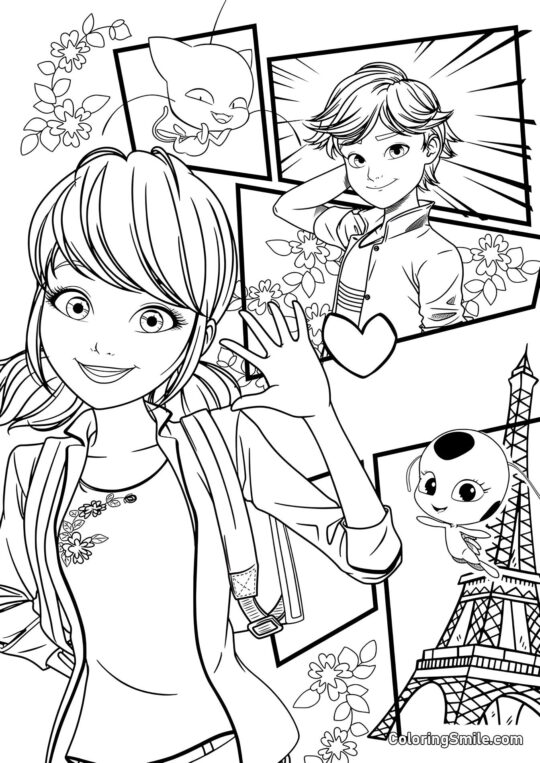 Marinette saluant Adrien - Page de Coloriage