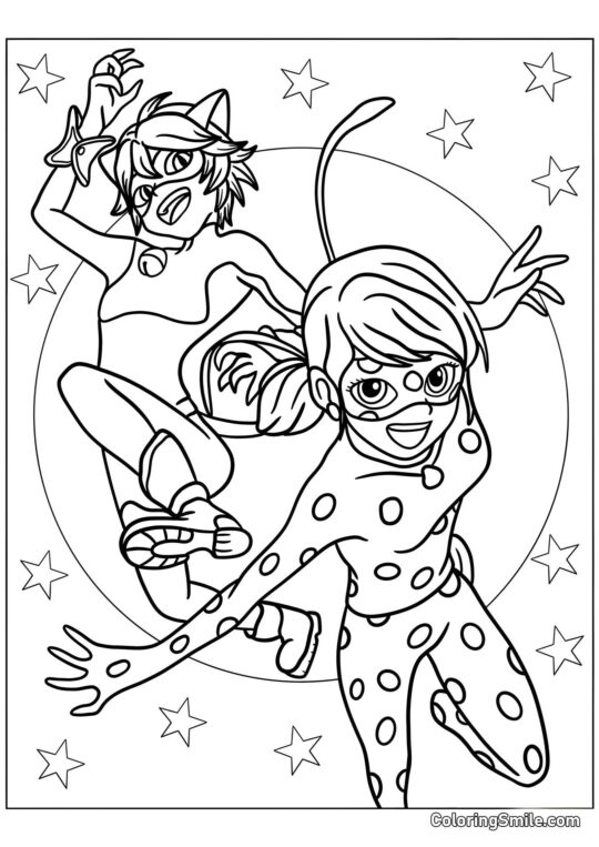Coccinelle et Chat Noir contre le fond étoilé - Page de Coloriage