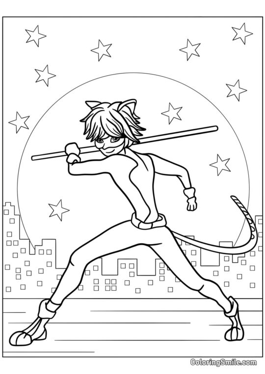 Chat Noir avec un bâton - Page de Coloriage