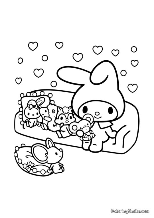My Melody avec des Amis sur le Canapé - Page de Coloriage