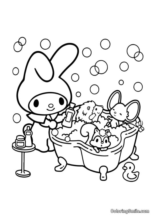 My Melody Baignant des Amis - Page de Coloriage