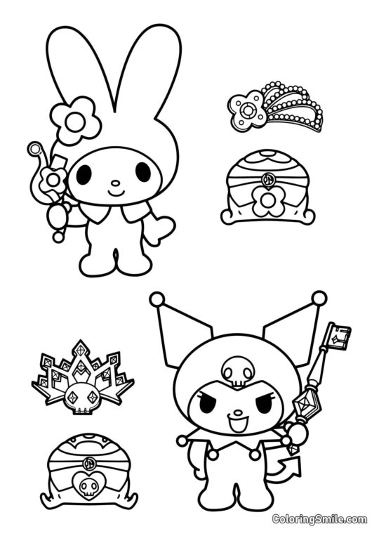 My Melody avec Bâton Magique et Kuromi avec Clé Melody - Page de Coloriage