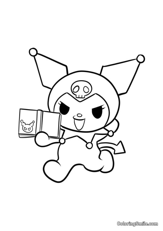 Kuromi Courant avec un Livre - Page de Coloriage