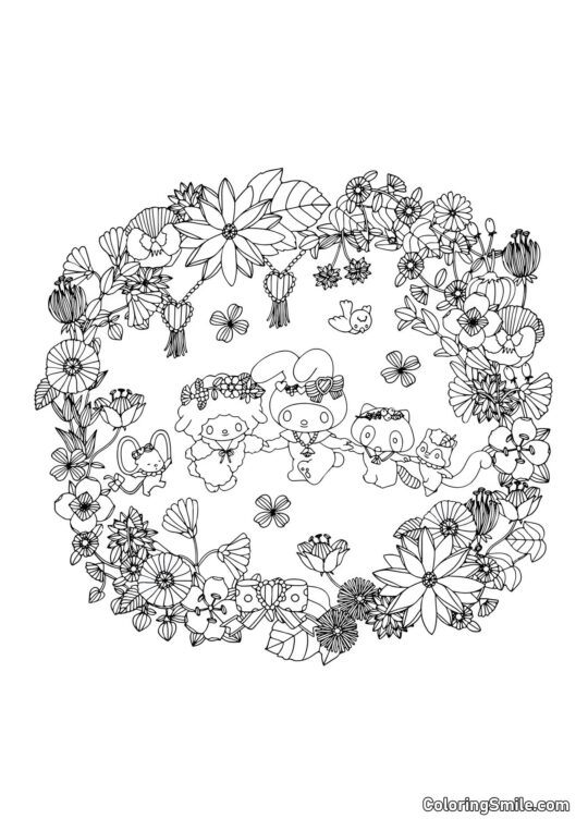 My Melody avec des Amis Anti-Stress - Page de Coloriage