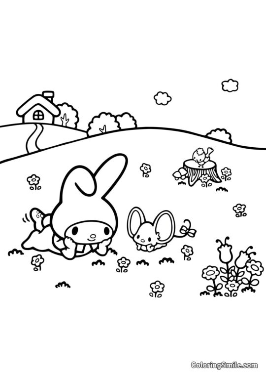 My Melody avec Meilleure Amie Allongée dans la Prairie - Page de Coloriage