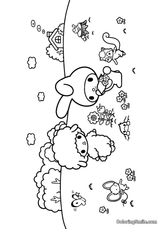 My Melody avec des Amis dans la Prairie - Page de Coloriage