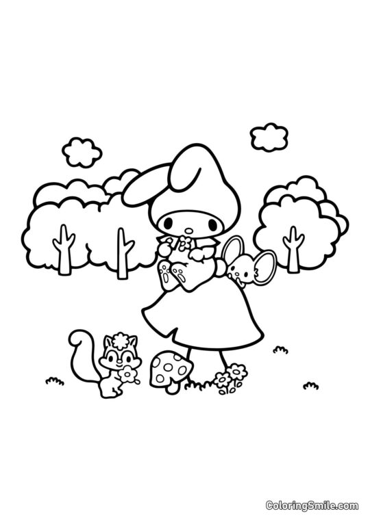 My Melody Assise sur un Champignon - Page de Coloriage