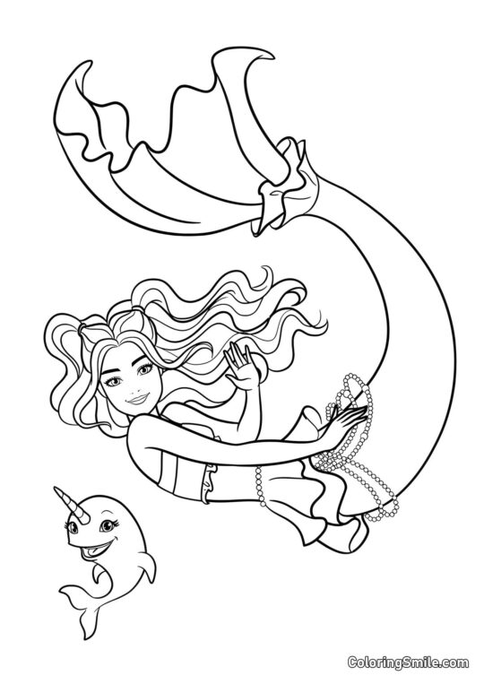 Barbie sirène saluant avec un narval - Page de Coloriage