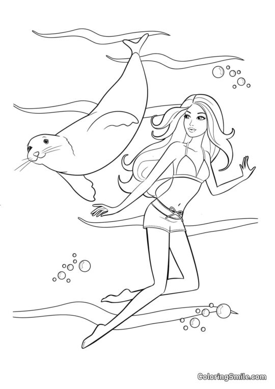 Barbie avec un lion de mer - Page de Coloriage