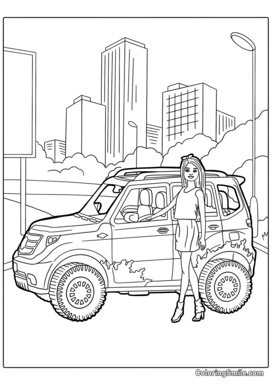 Barbie et son jeep - Page de Coloriage