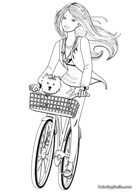 Barbie avec un chien en balade à vélo - Page de Coloriage
