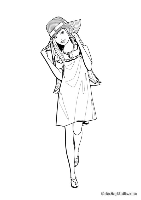 Barbie avec un nouveau chapeau - Page de Coloriage