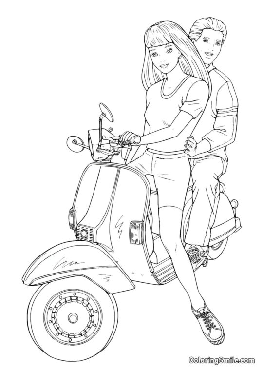Barbie avec Ken sur une moto - Page de Coloriage