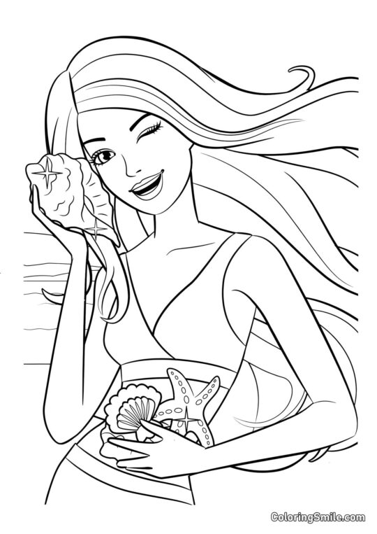 Barbie écoutant des coquillages - Page de Coloriage