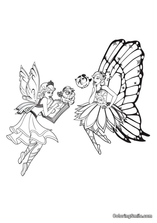 Les fées Barbie avec des animaux de compagnie - Page de Coloriage