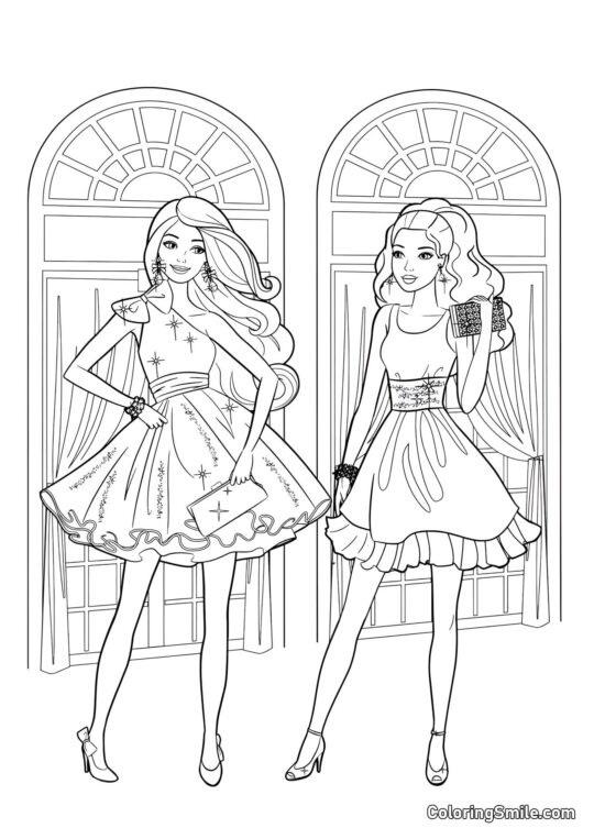 Barbie avec une amie au bal - Page de Coloriage