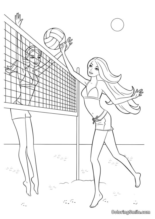 Barbie jouant au ballon sur la plage - Page de Coloriage