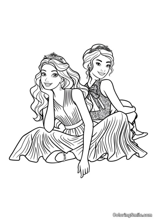 Barbie avec une amie assise par terre - Page de Coloriage