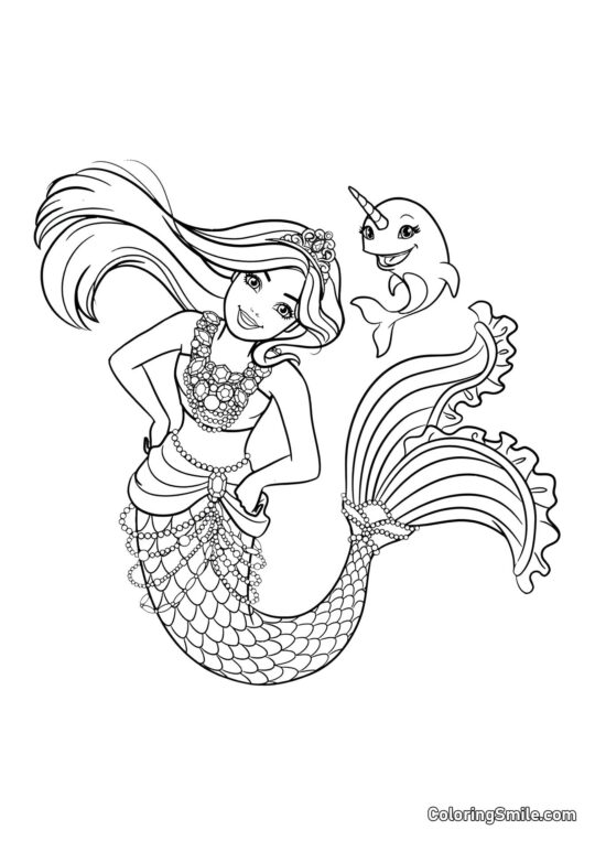 Barbie sirène et bébé narval - Page de Coloriage