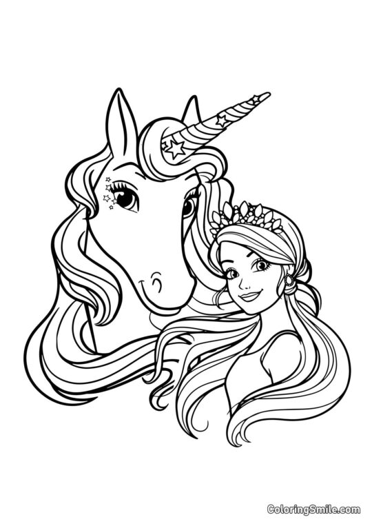 Barbie et licorne - Page de Coloriage
