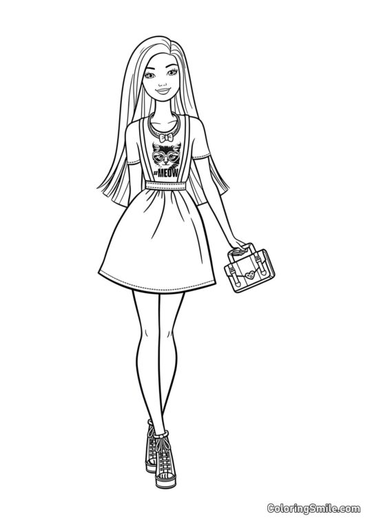 Barbie en chemise avec un chaton - Page de Coloriage