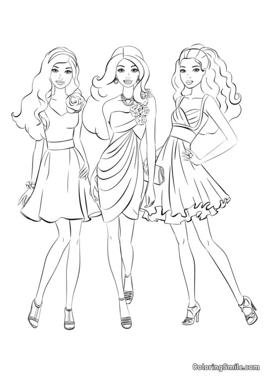 Les amis de Barbie en robes élégantes - Page de Coloriage