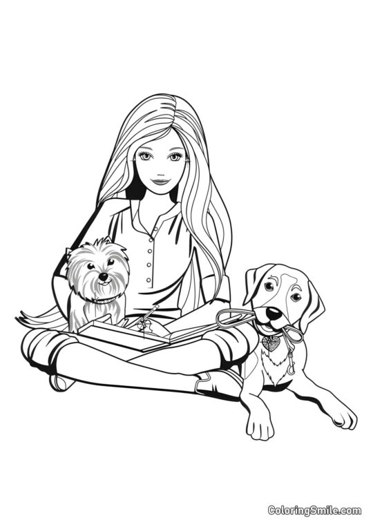 Barbie avec deux chiens - Page de Coloriage